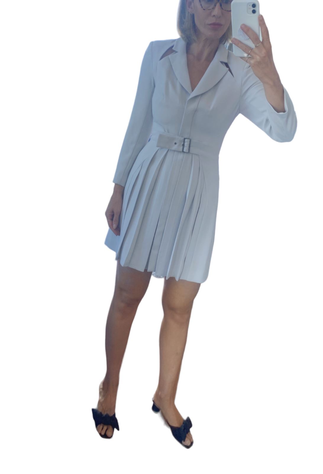 CUE Cut-Out Blazer Dress | Light Grey, Jacket, Shoulder Pads, Pleated, Belted
