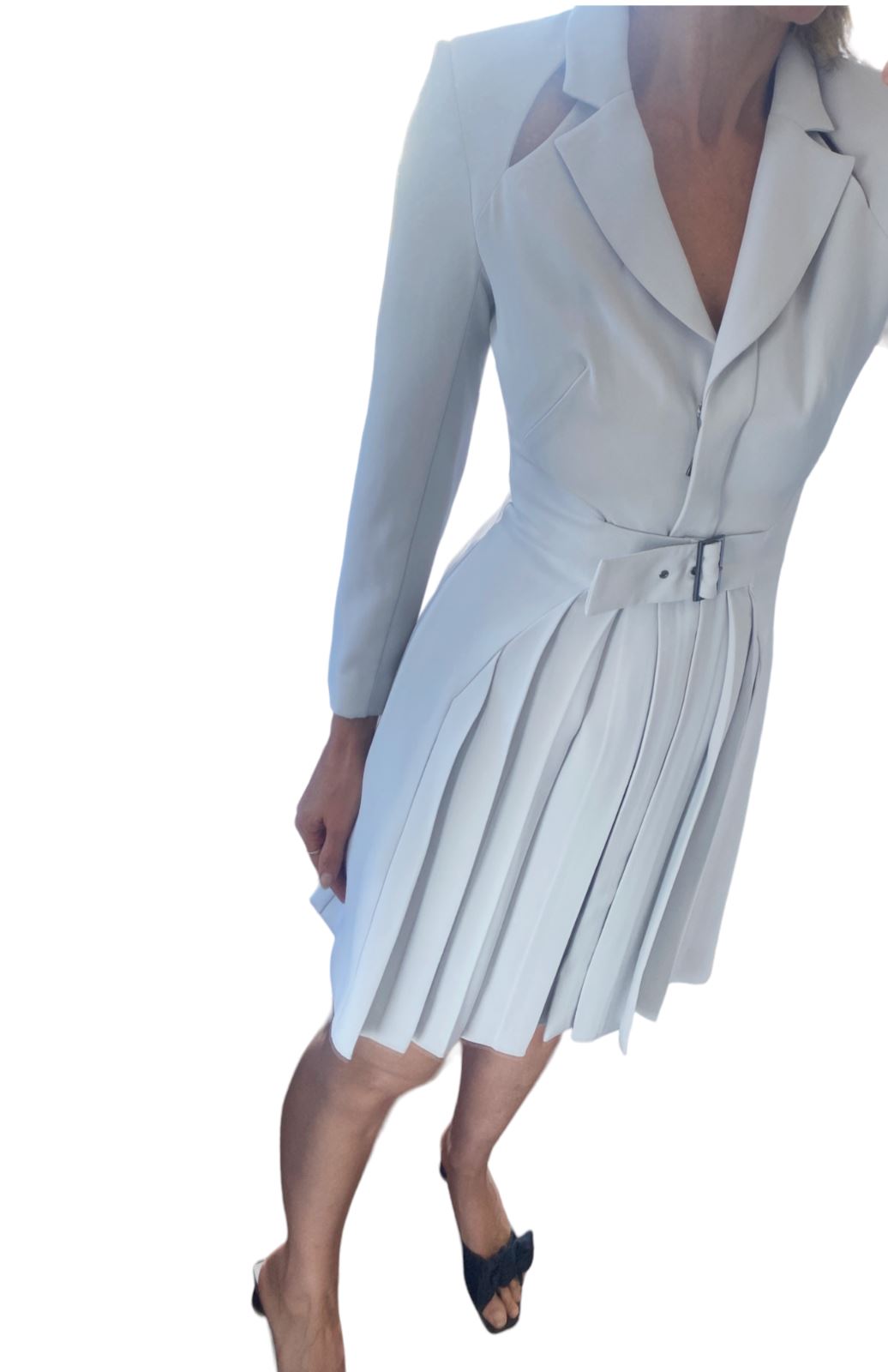 CUE Cut-Out Blazer Dress | Light Grey, Jacket, Shoulder Pads,  Pleated, Belted