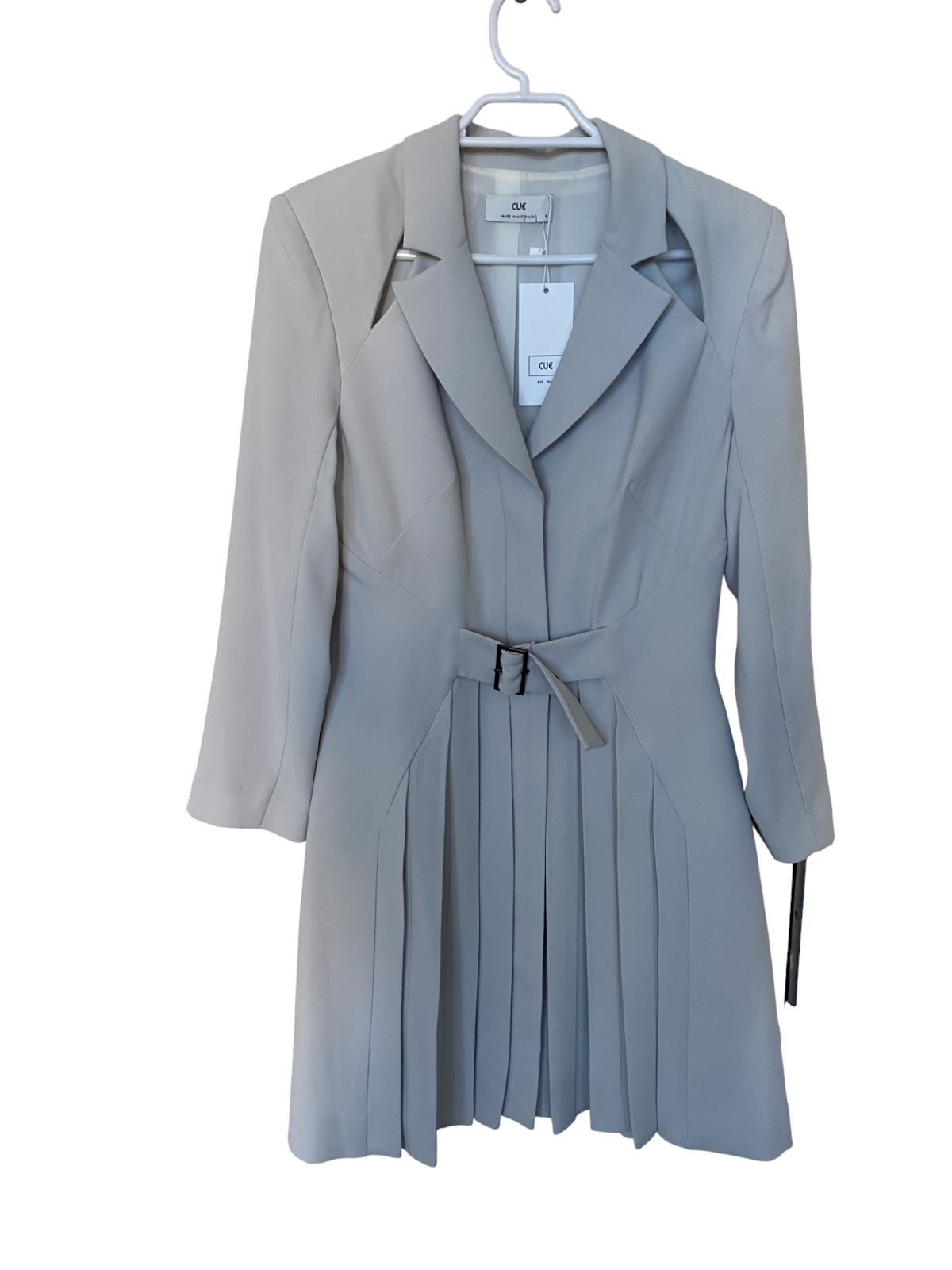 CUE Cut-Out Blazer Dress | Light Grey, Jacket, Shoulder Pads, Pleated, Belted