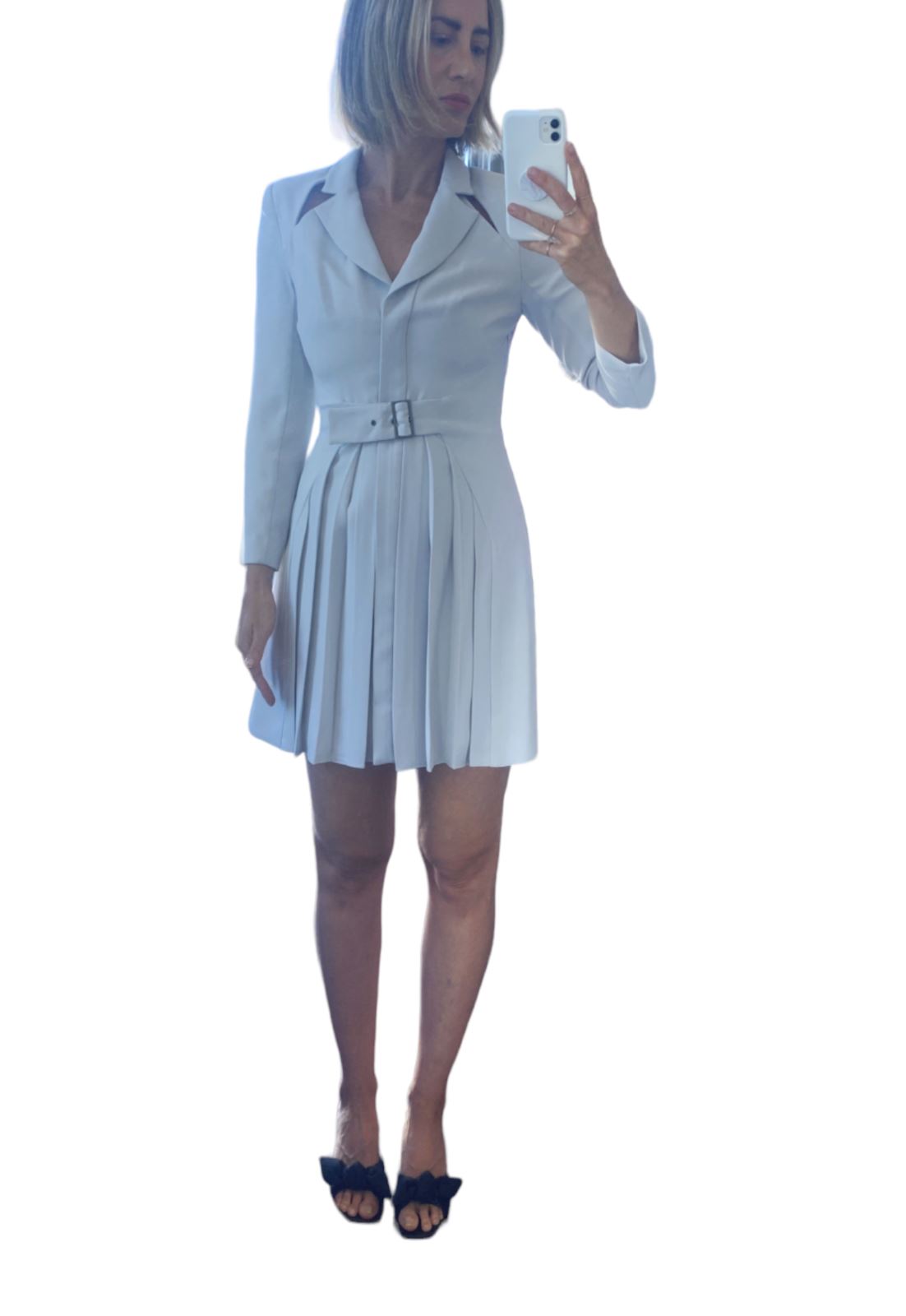 CUE Cut-Out Blazer Dress | Light Grey, Jacket, Shoulder Pads, Pleated, Belted