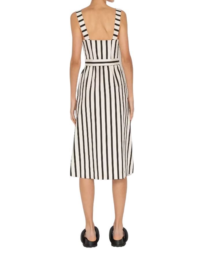CUE Black and White Striped Cotton Midi Dress | Stretch, Belted, Collar, Zipper