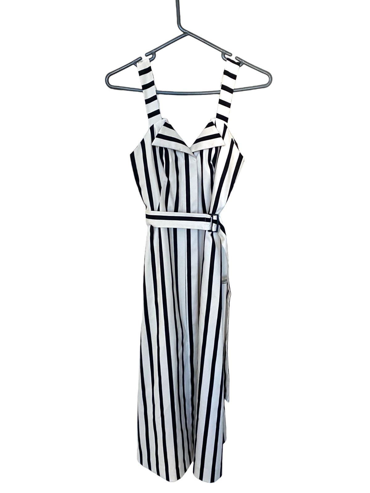 CUE Black and White Striped Cotton Midi Dress | Stretch, Belted, Collar, Zipper