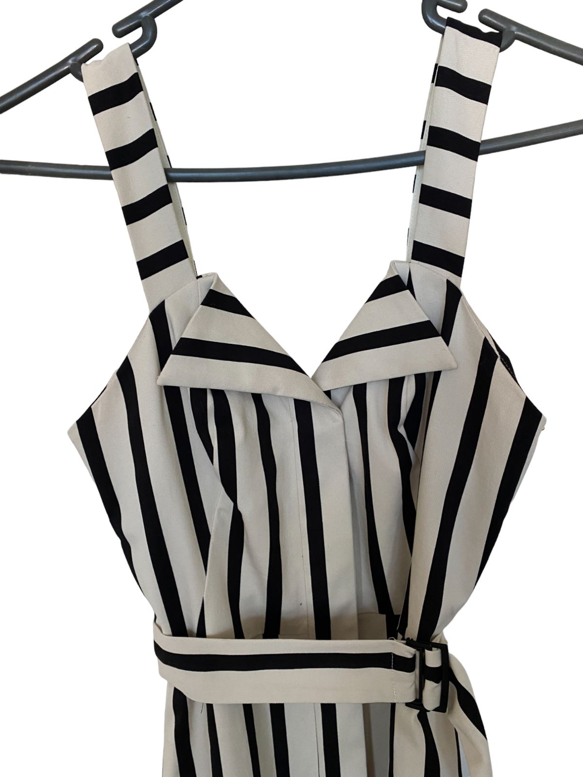CUE Black and White Striped Cotton Midi Dress | Stretch, Belted, Collar, Zipper