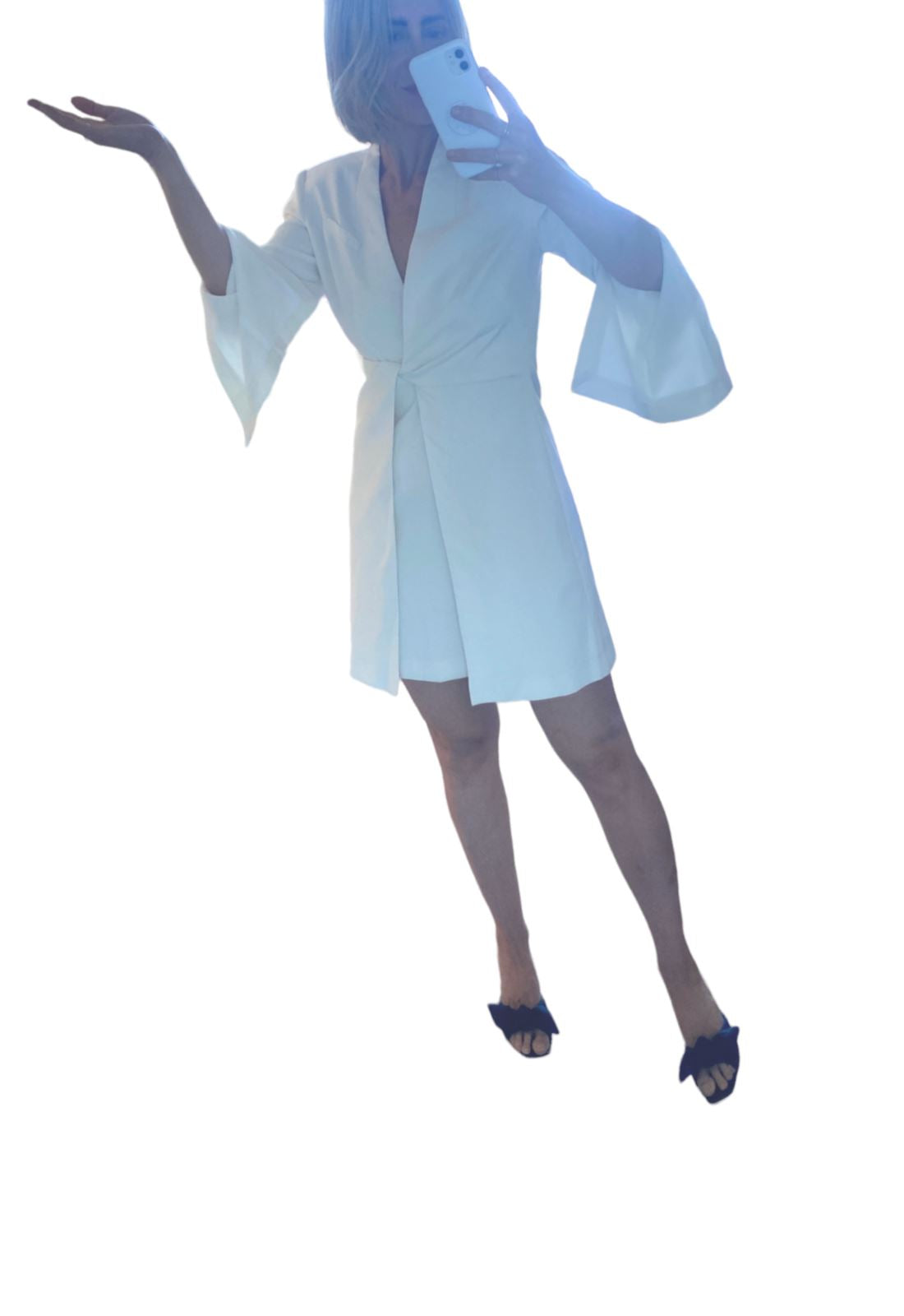 CUE Twist front Blazer Dress | Ivory/White, Split Sleeve, Shoulder Pads, Stretch
