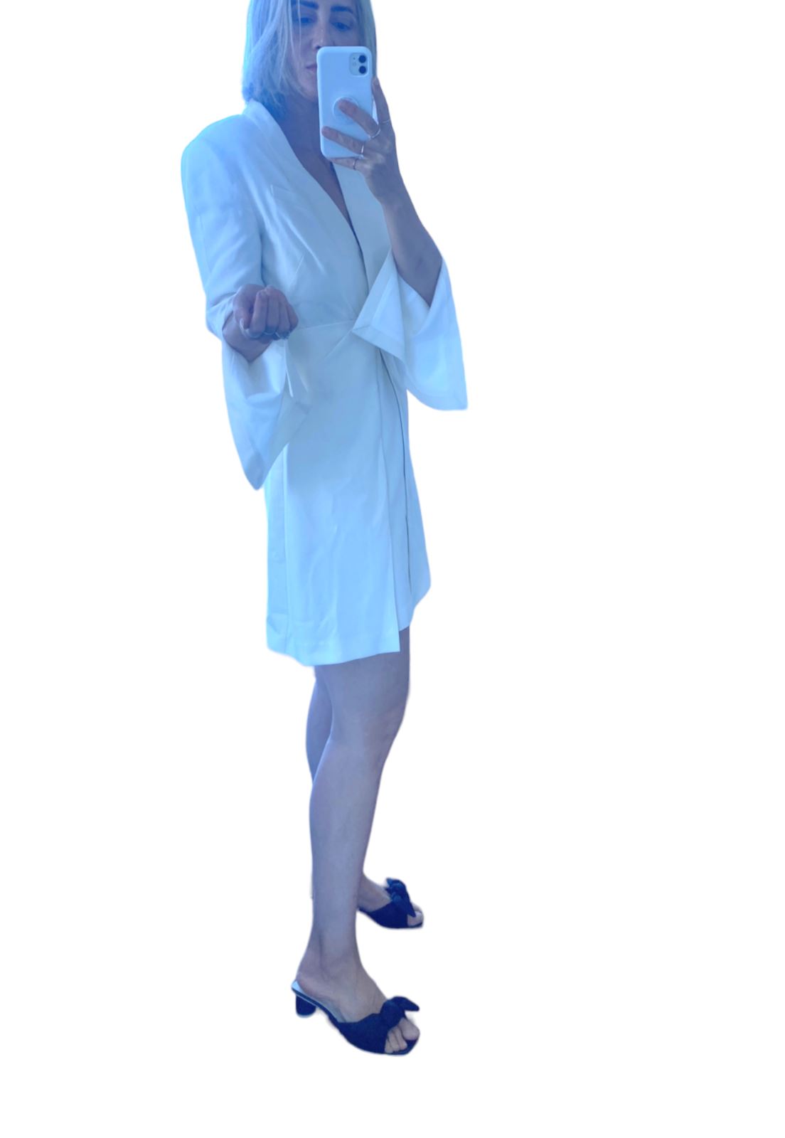 CUE Twist front Blazer Dress | Ivory/White, Split Sleeve, Shoulder Pads, Stretch