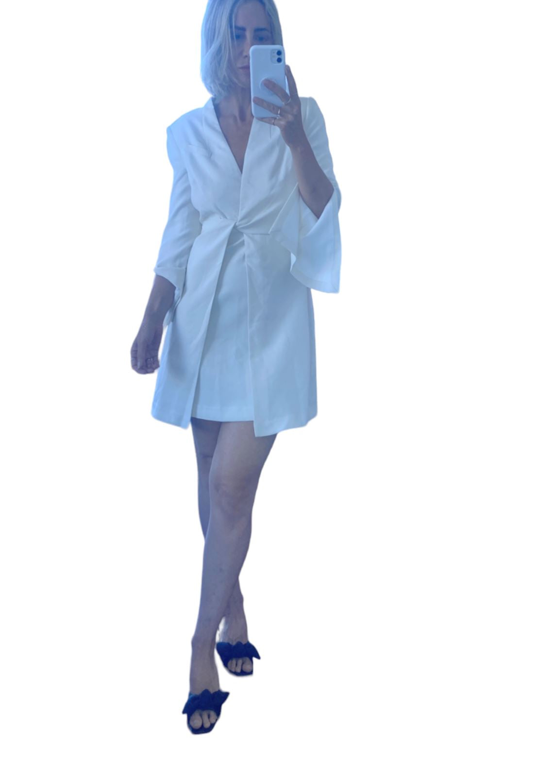 CUE Twist front Blazer Dress | Ivory/White, Split Sleeve, Shoulder Pads, Stretch