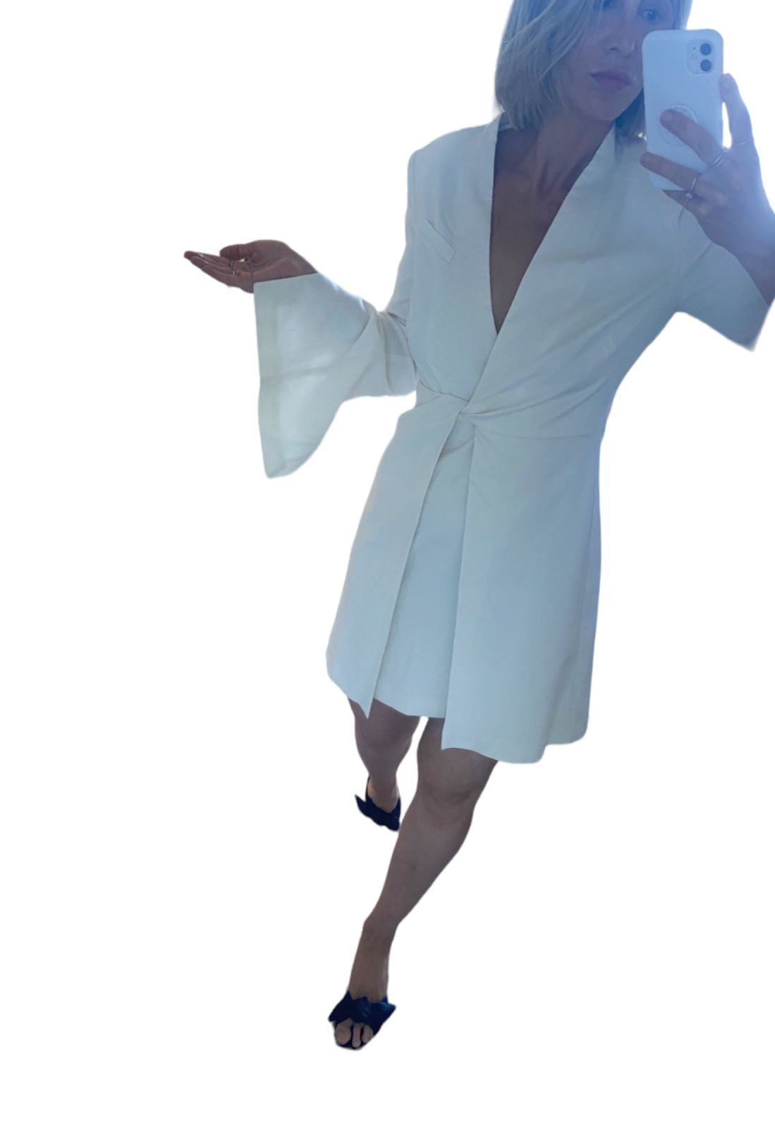 CUE Twist front Blazer Dress | Ivory/White, Split Sleeve, Shoulder Pads, Stretch