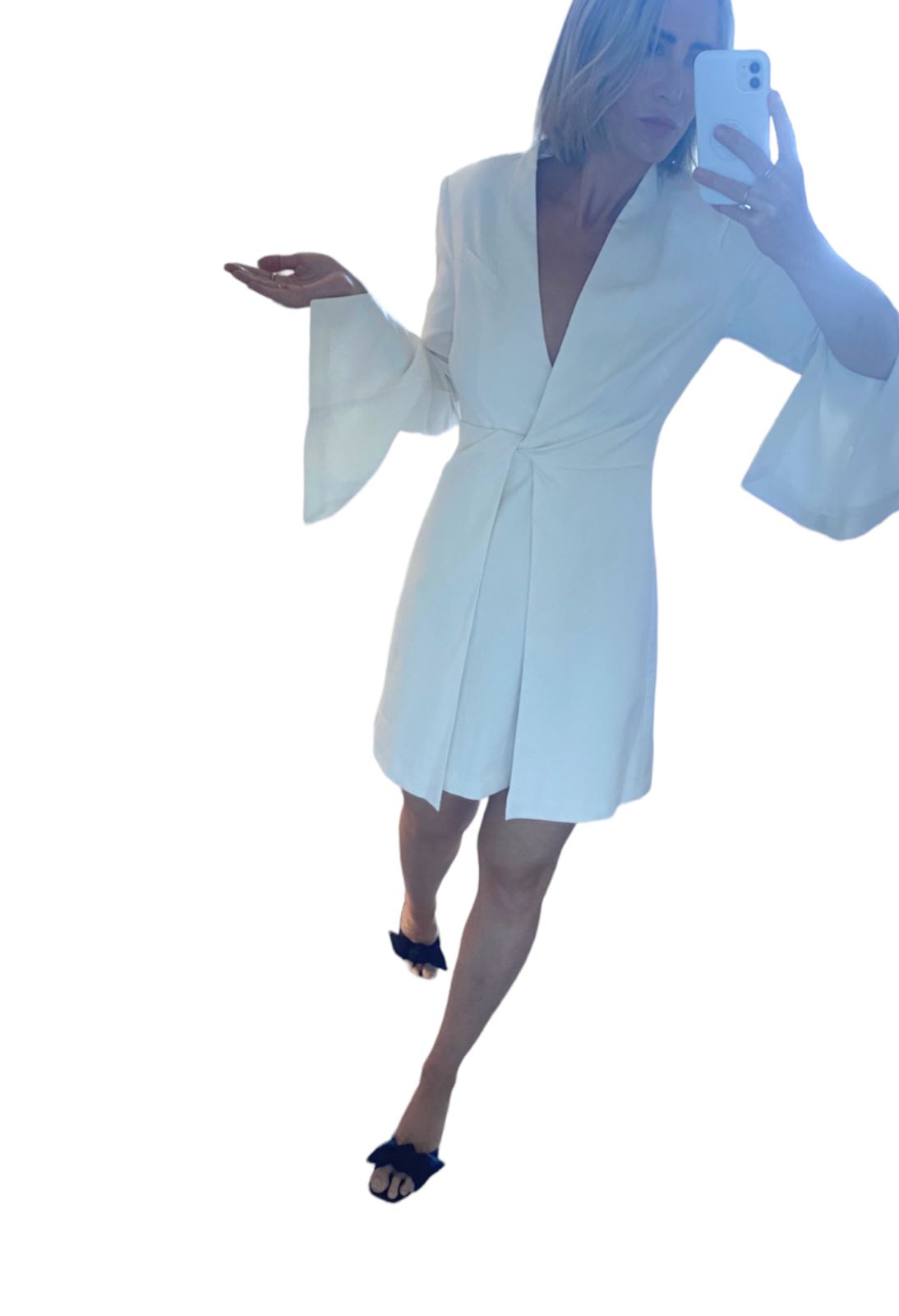 CUE Twist front Blazer Dress | Ivory/White, Split Sleeve, Shoulder Pads, Stretch
