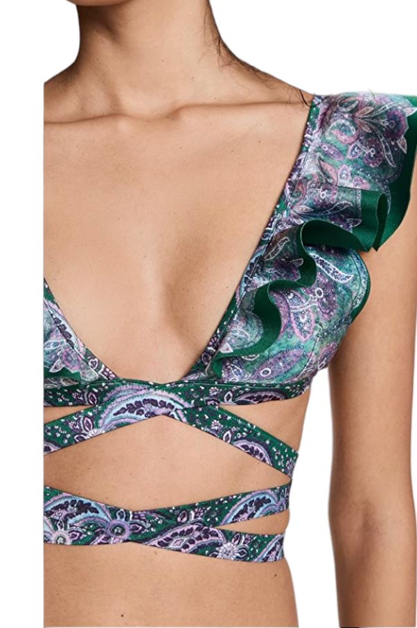 Zimmermann Anneke Wrap Ruffle Bikini | Teal Floral / Green, Low Rise Bottoms