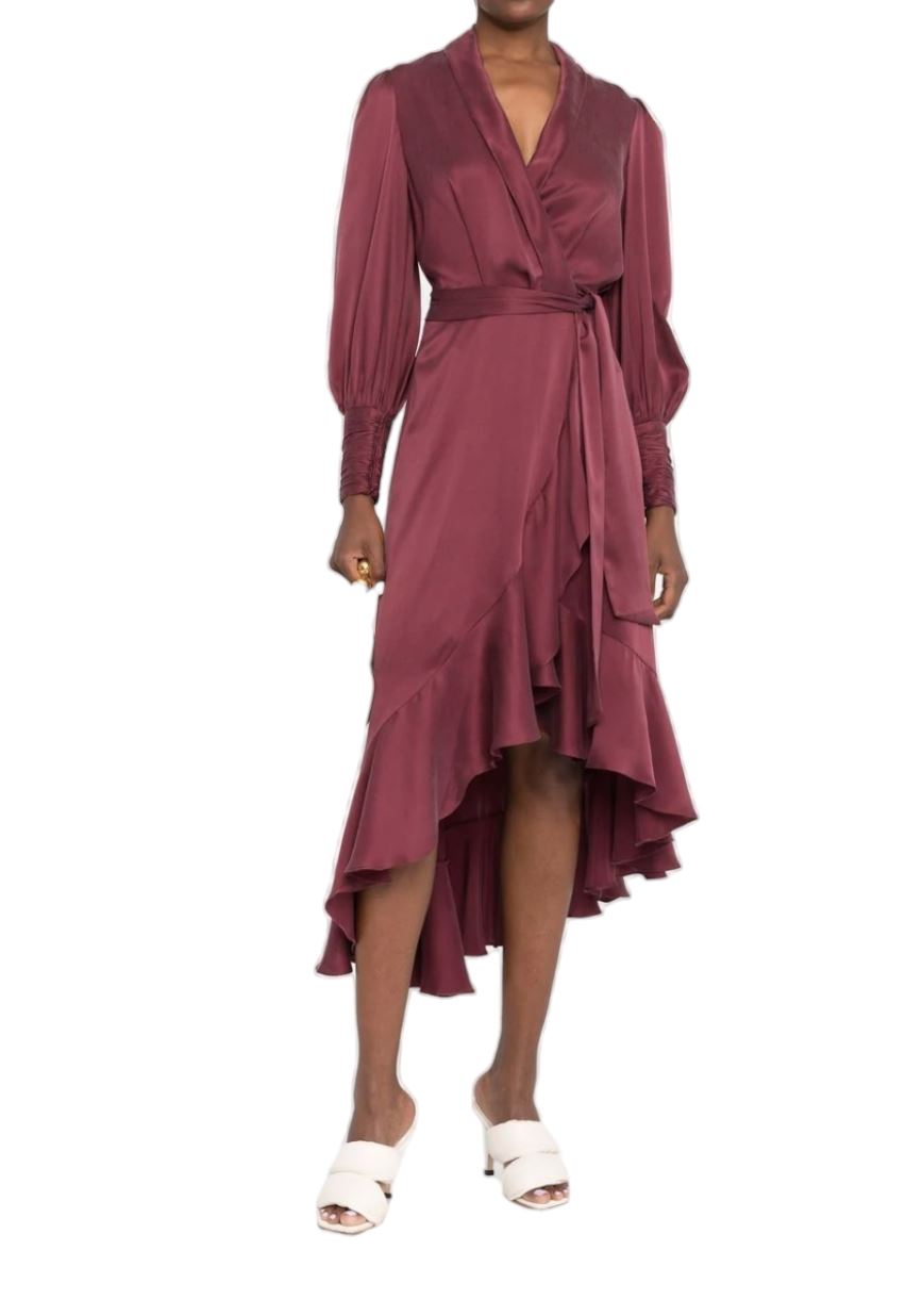 Zimmermann Silk Wrap Midi Dress | Burgundy, Sueded Silk Cocktail, Dolman/Puff