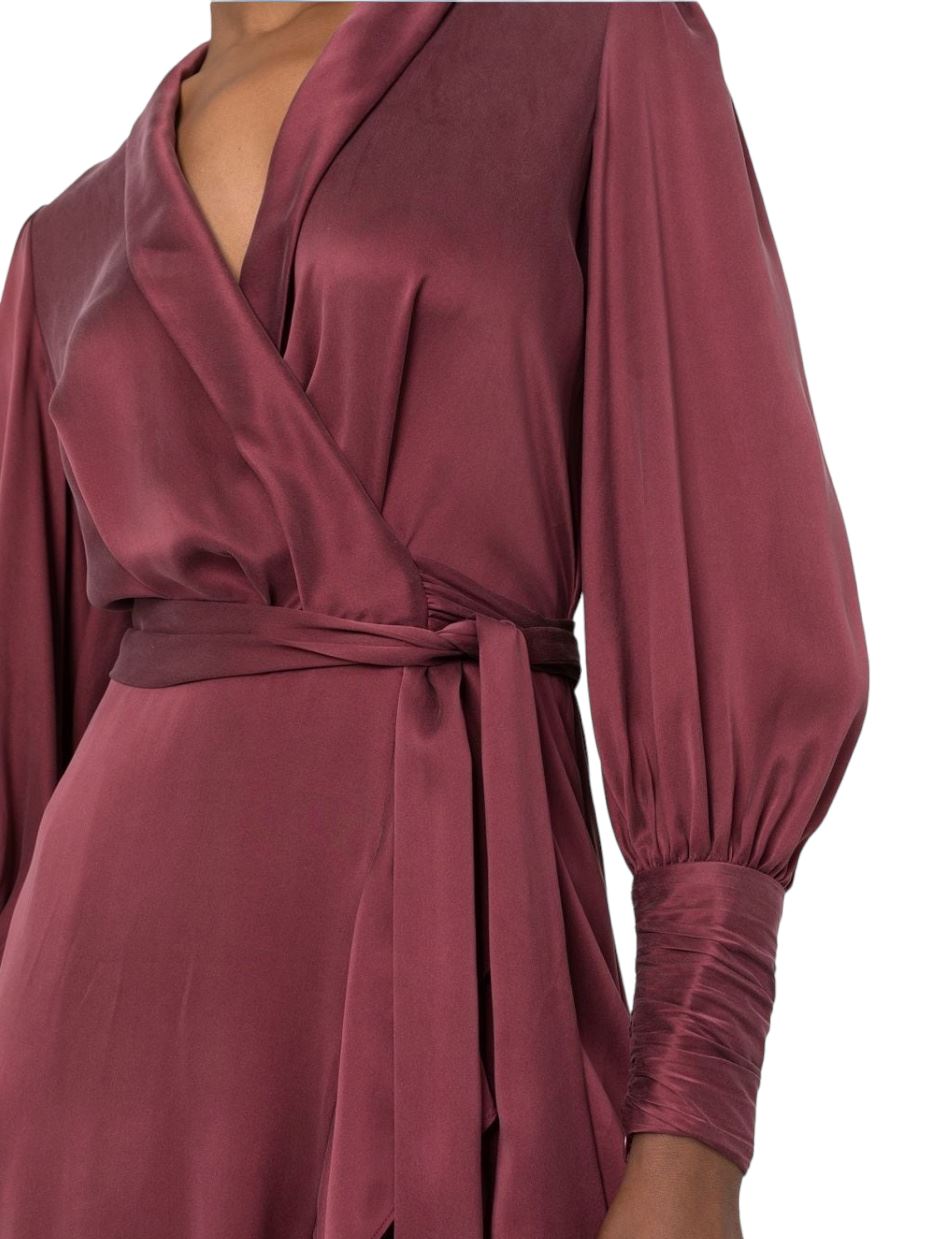 Zimmermann Silk Wrap Midi Dress | Burgundy, Sueded Silk Cocktail, Dolman/Puff
