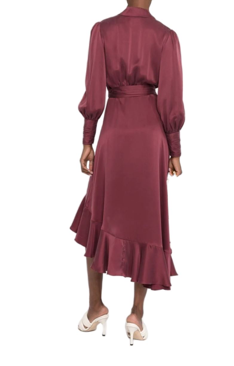 Zimmermann Silk Wrap Midi Dress | Burgundy, Sueded Silk Cocktail, Dolman/Puff