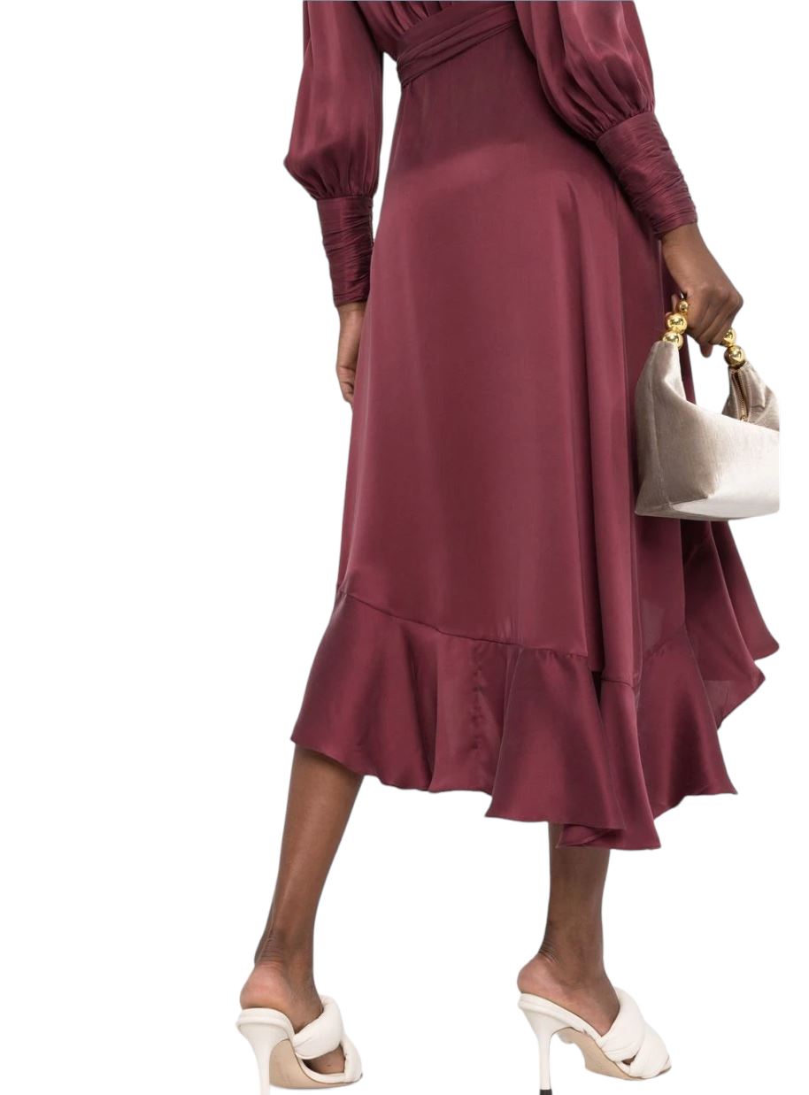 Zimmermann Silk Wrap Midi Dress | Burgundy, Sueded Silk Cocktail, Dolman/Puff
