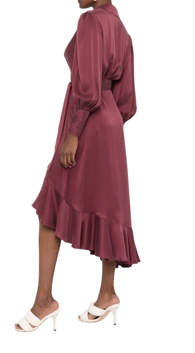 Zimmermann Silk Wrap Midi Dress | Burgundy, Sueded Silk Cocktail, Dolman/Puff