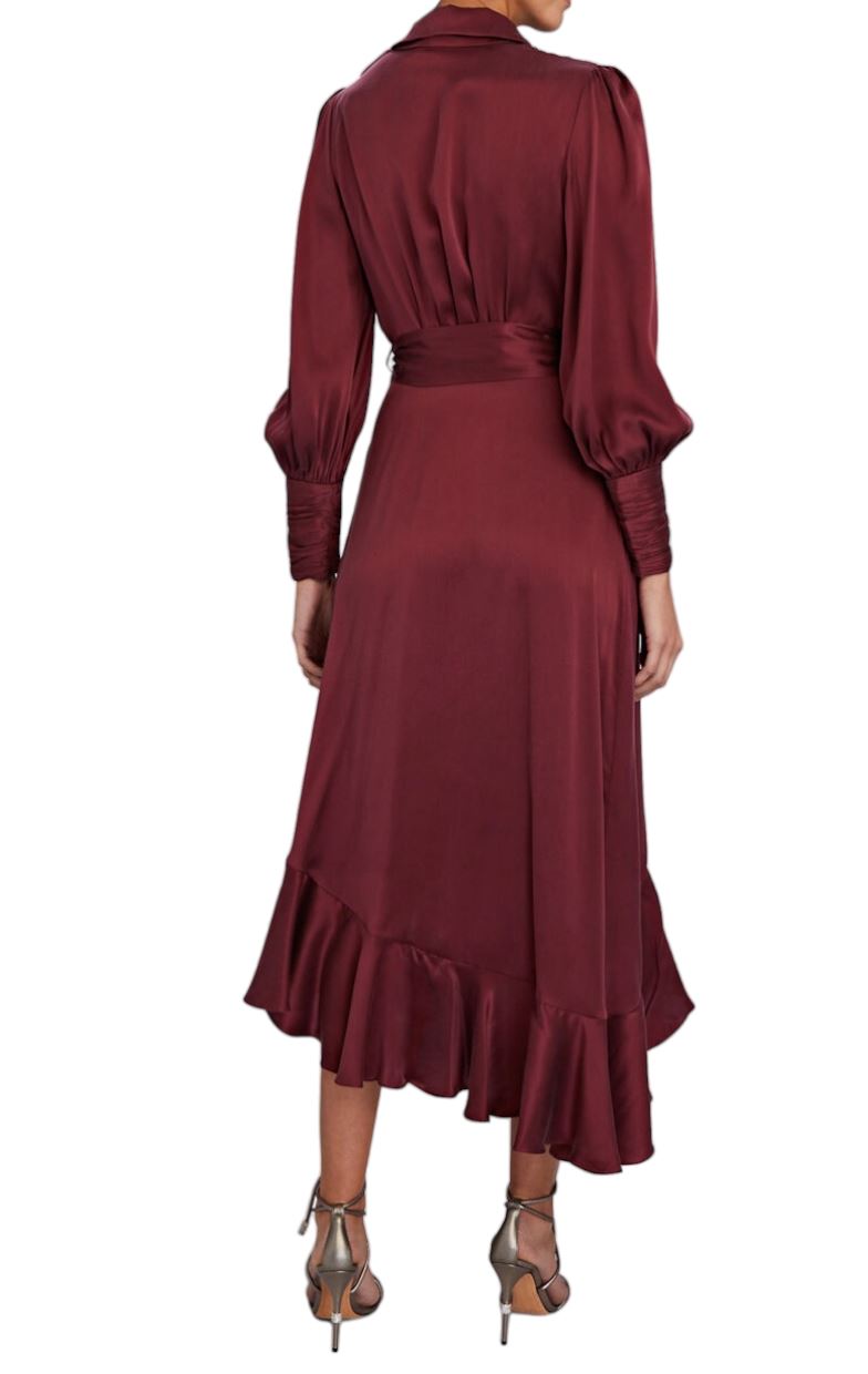 Zimmermann Silk Wrap Midi Dress | Burgundy, Sueded Silk Cocktail, Dolman/Puff
