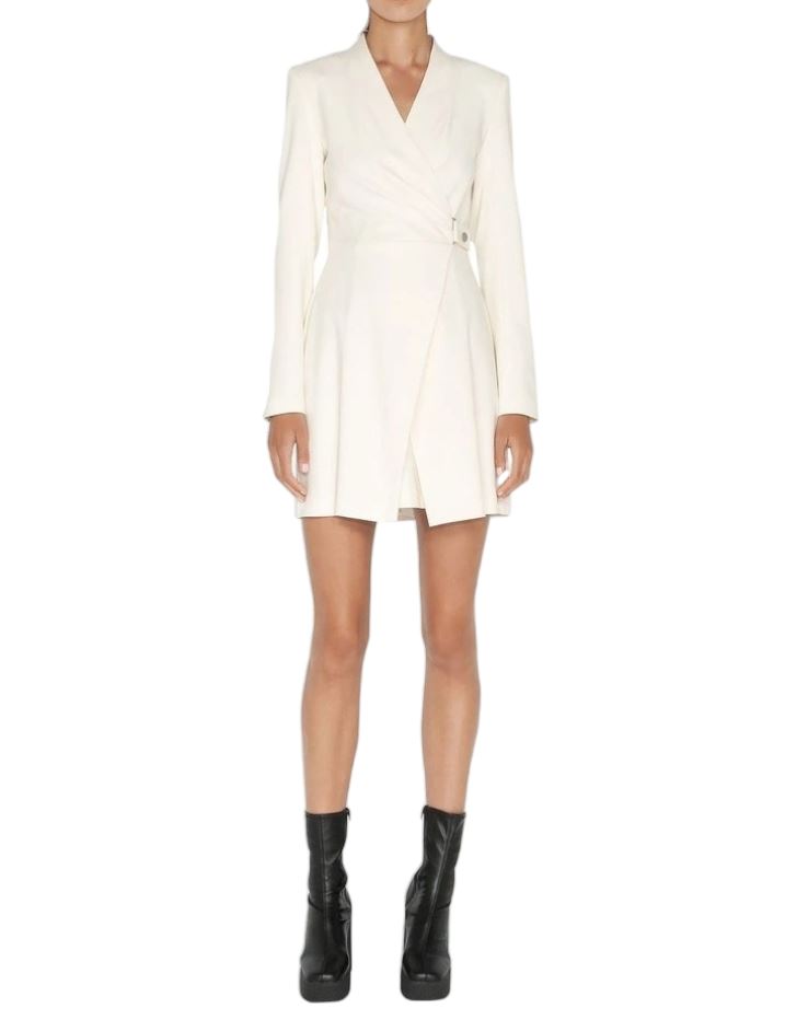 CUE Wrap Blazer Dress | Ivory/Off White, Buckle, Stretch Fabric, Shoulder Pads