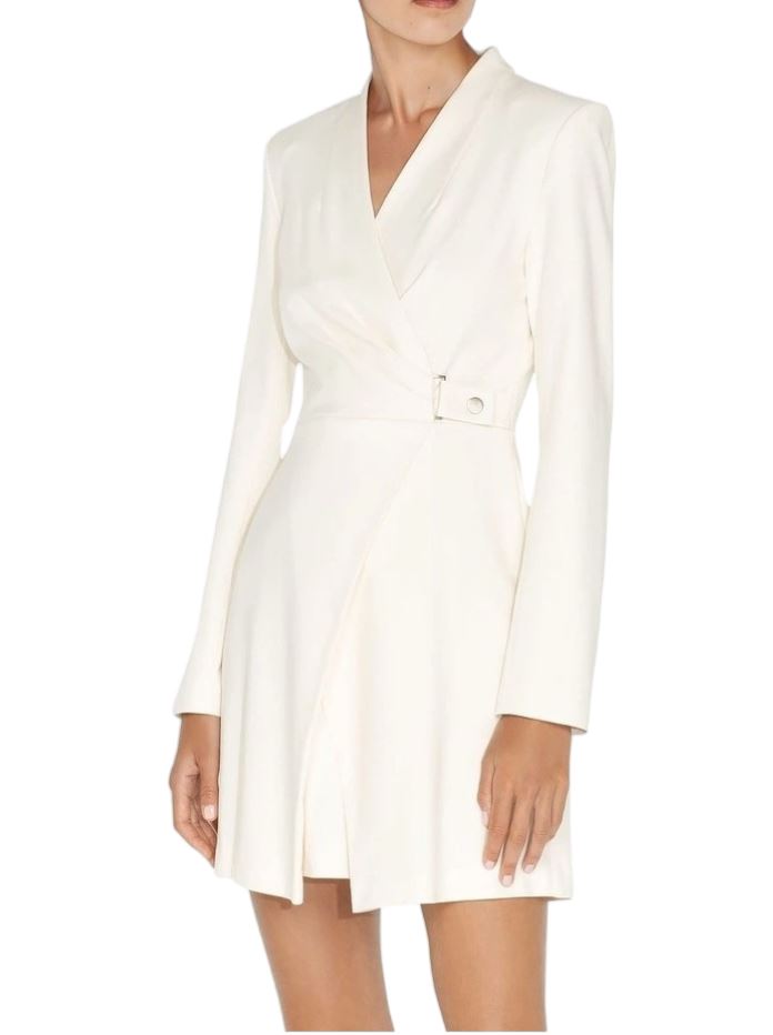 CUE Wrap Blazer Dress | Ivory/Off White, Buckle, Stretch Fabric, Shoulder Pads
