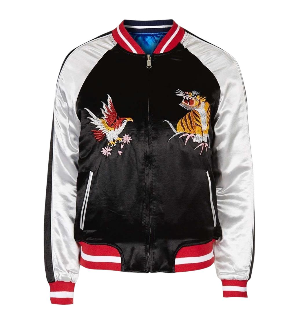 TOPSHOP Bomber Jacket | Sz 12, Reversible, Black/Blue, Embroidered, Quilted