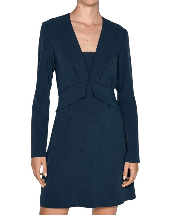 CUE Long Sleeve Mini Dress | Peplum Waist, Stretch, V Neck, Zipper, Career/Work