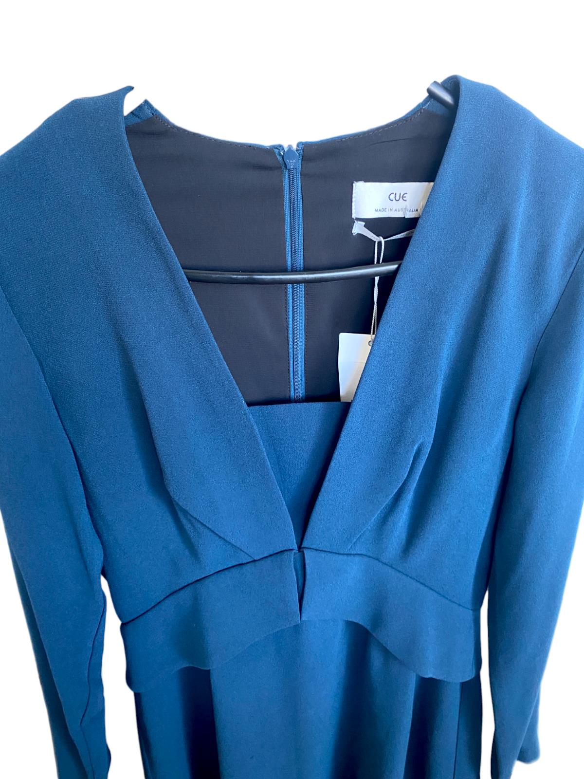 CUE Long Sleeve Mini Dress | Peplum Waist, Stretch, V Neck, Zipper, Career/Work