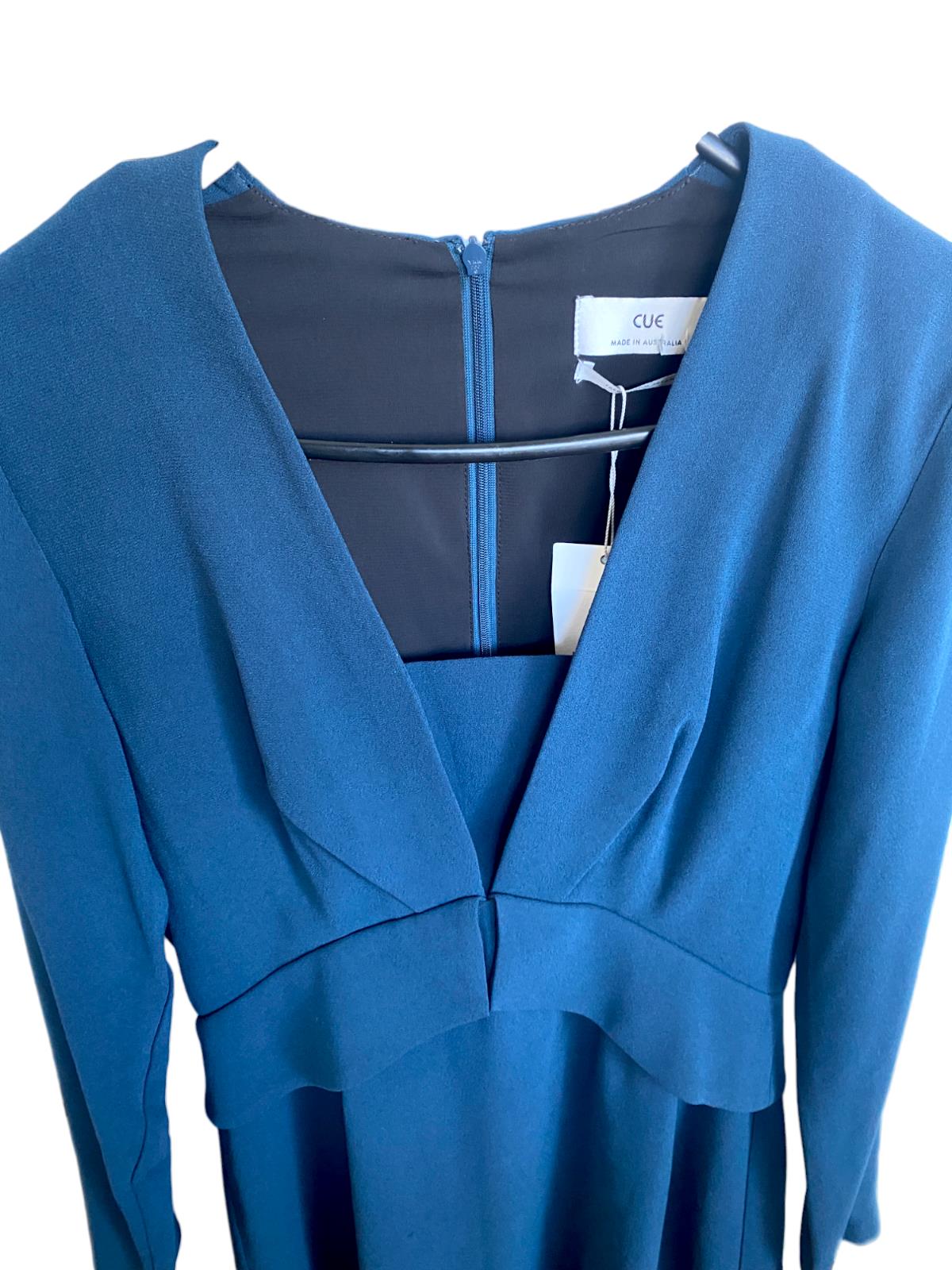 CUE Long Sleeve Mini Dress | Peplum Waist, Stretch, V Neck,  Zipper, Career/Work