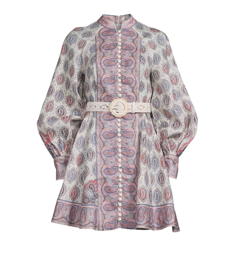 Zimmermann Vitali Button Up Mini Dress | Blouson Sleeves, Ivory Paisley, Belted