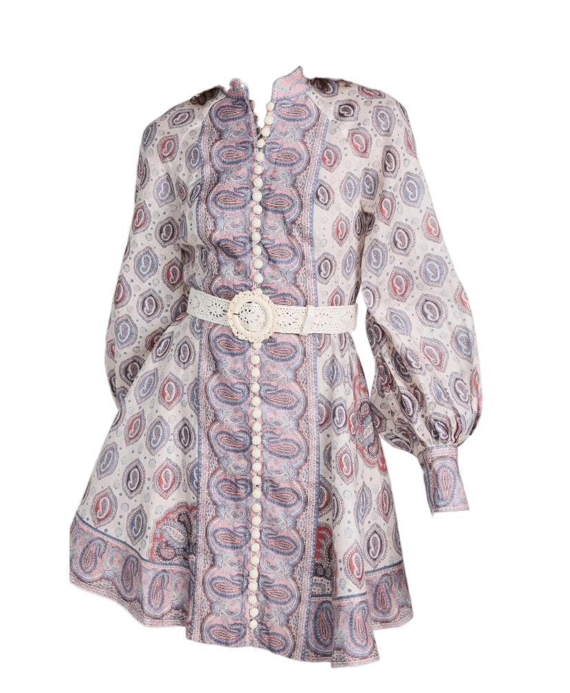 Zimmermann Vitali Button Up Mini Dress | Blouson Sleeves, Ivory Paisley, Belted