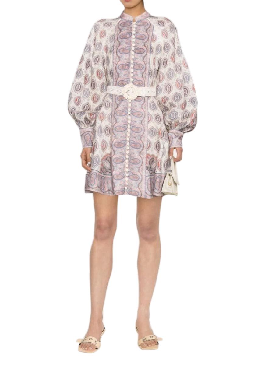 Zimmermann Vitali Button Up Mini Dress | Blouson Sleeves, Ivory Paisley, Belted