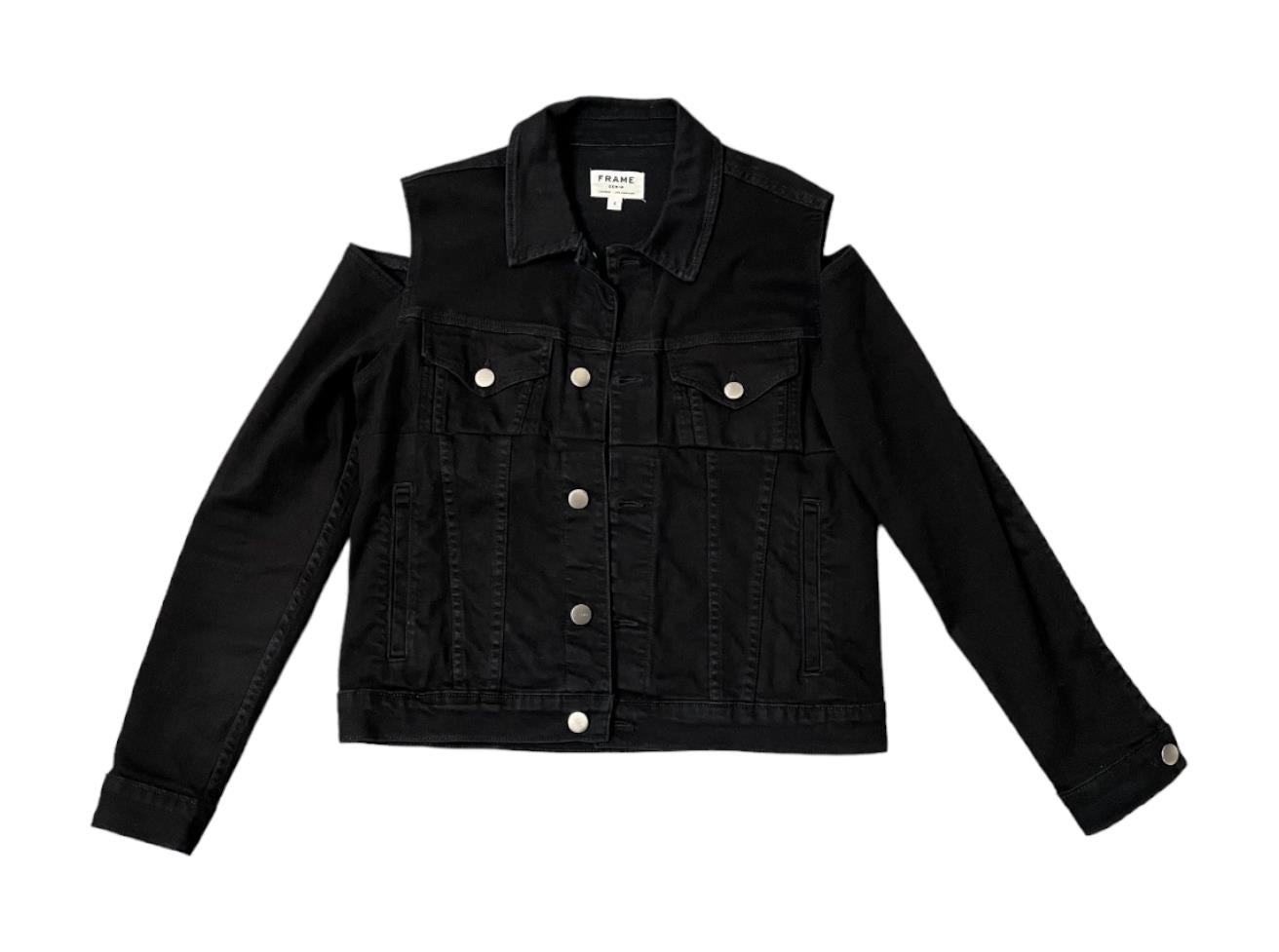 Frame Le Cutout Denim Jacket | Black, Size S, Cold Shoulder, Stretch, Oversized