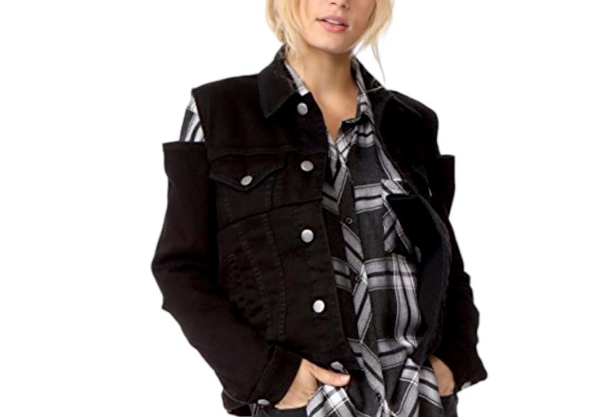 Frame Le Cutout Denim Jacket | Black, Size S, Cold Shoulder, Stretch, Oversized