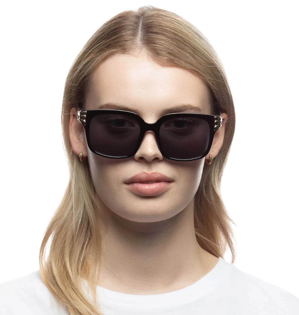 Le Specs Shell Shocked Sunglasses | Black/Gold Hardware, Clear Acetate, Square