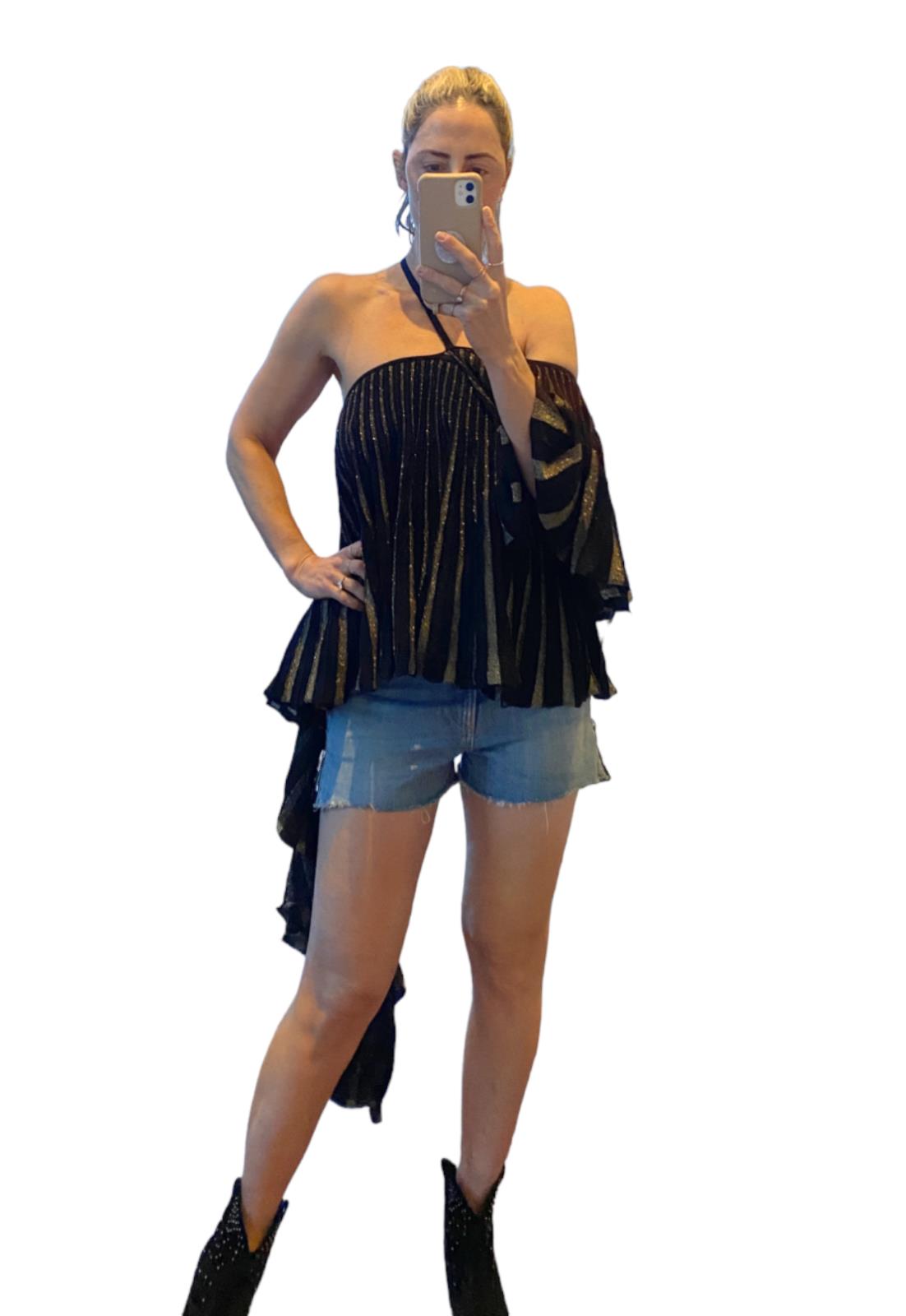 Sass & Bide Fiesta Barcelona Top | Sz L, Black/Gold, Off/One Shoulder, Festival