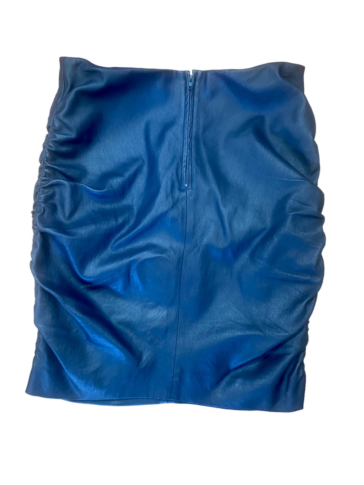Scanlan Theodore French Leather Skirt | Midi/Mini, Stretch, Ruched Sides, Pencil