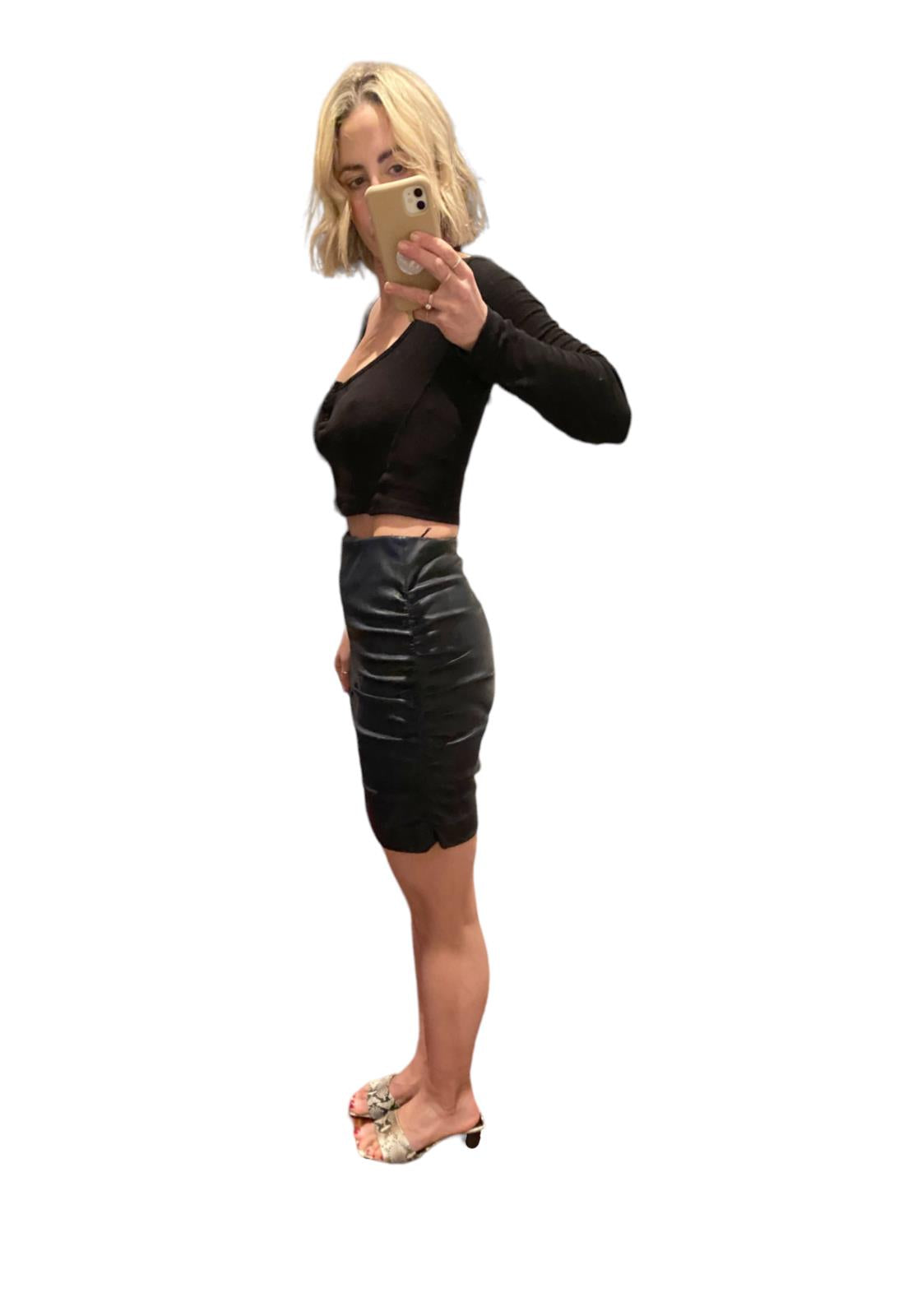 Scanlan Theodore French Leather Skirt | Midi/Mini, Stretch, Ruched Sides, Pencil