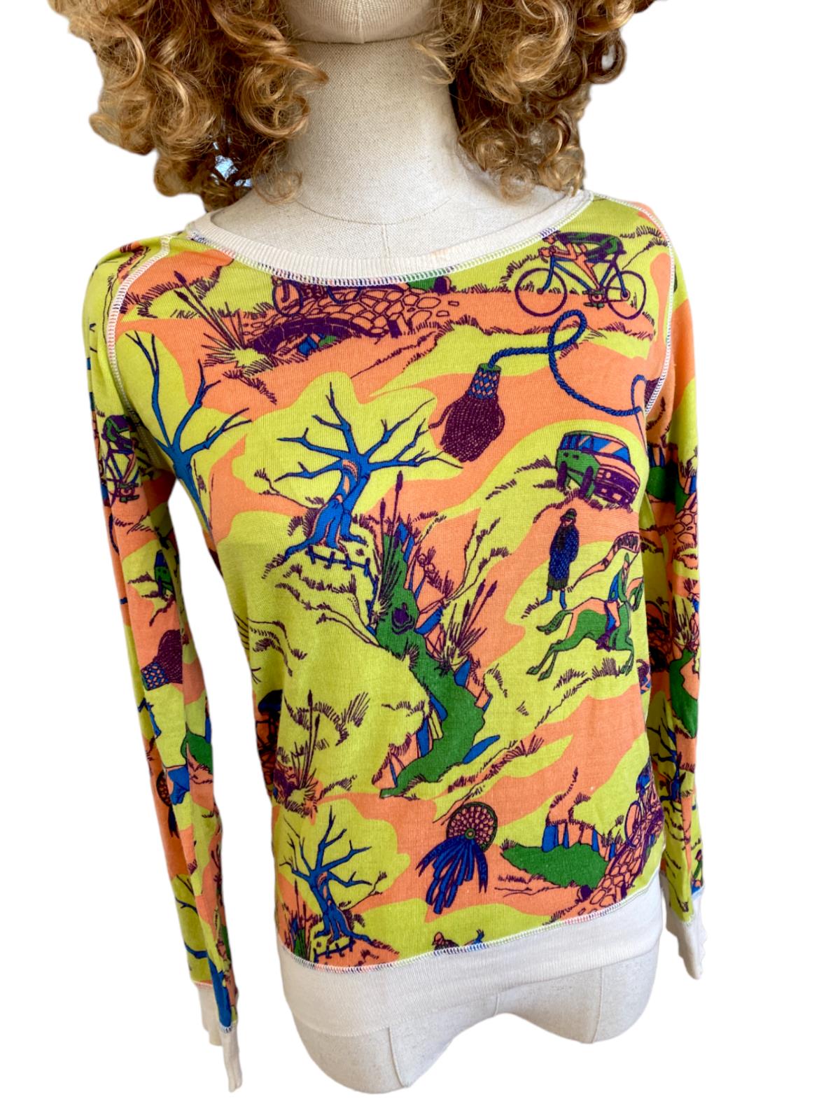 Burberry Merino Wool Jumper/Sweater | Sz Small, Green/Orange/Blue Cyclist Print