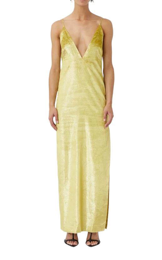 CAMILLA AND MARC Elara Dress | Citron/Yellow, Velvet Sheen, Maxi, Low V Neck