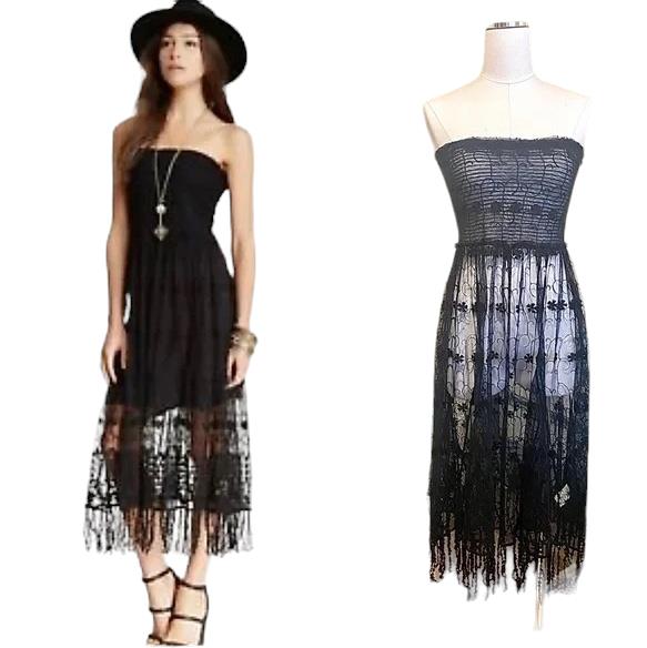 Free People Strapless Lace Stretch Dress | Black, Sz M, Sheer, Festival, Boho