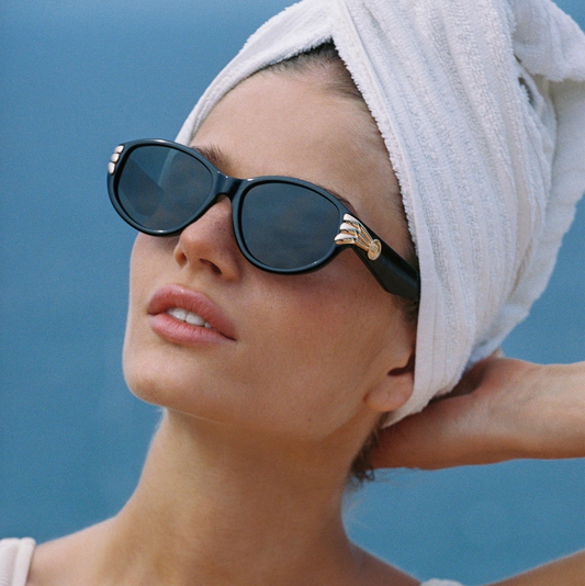 Le Specs Bombshell Sunglasses | Black/Gold Hardware, Oval, Acetate, Alt Fit