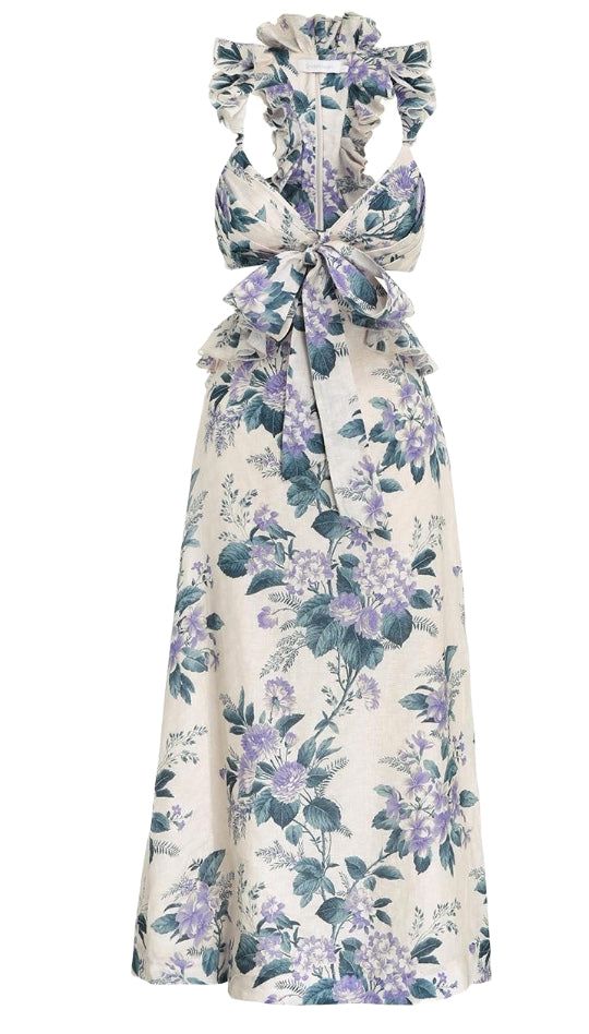 Zimmermann Cassia Ruffle Midi Dress Hydrangea Floral Linen Zimmermann Cassia Ruffle Midi Dress Hydrangea Floral Linen