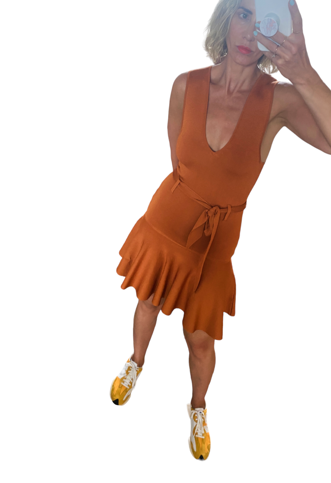 Zimmermann Knit Mini Dress | V Neck / Back, Waist Tie, Copper, Flounce Frill Hem