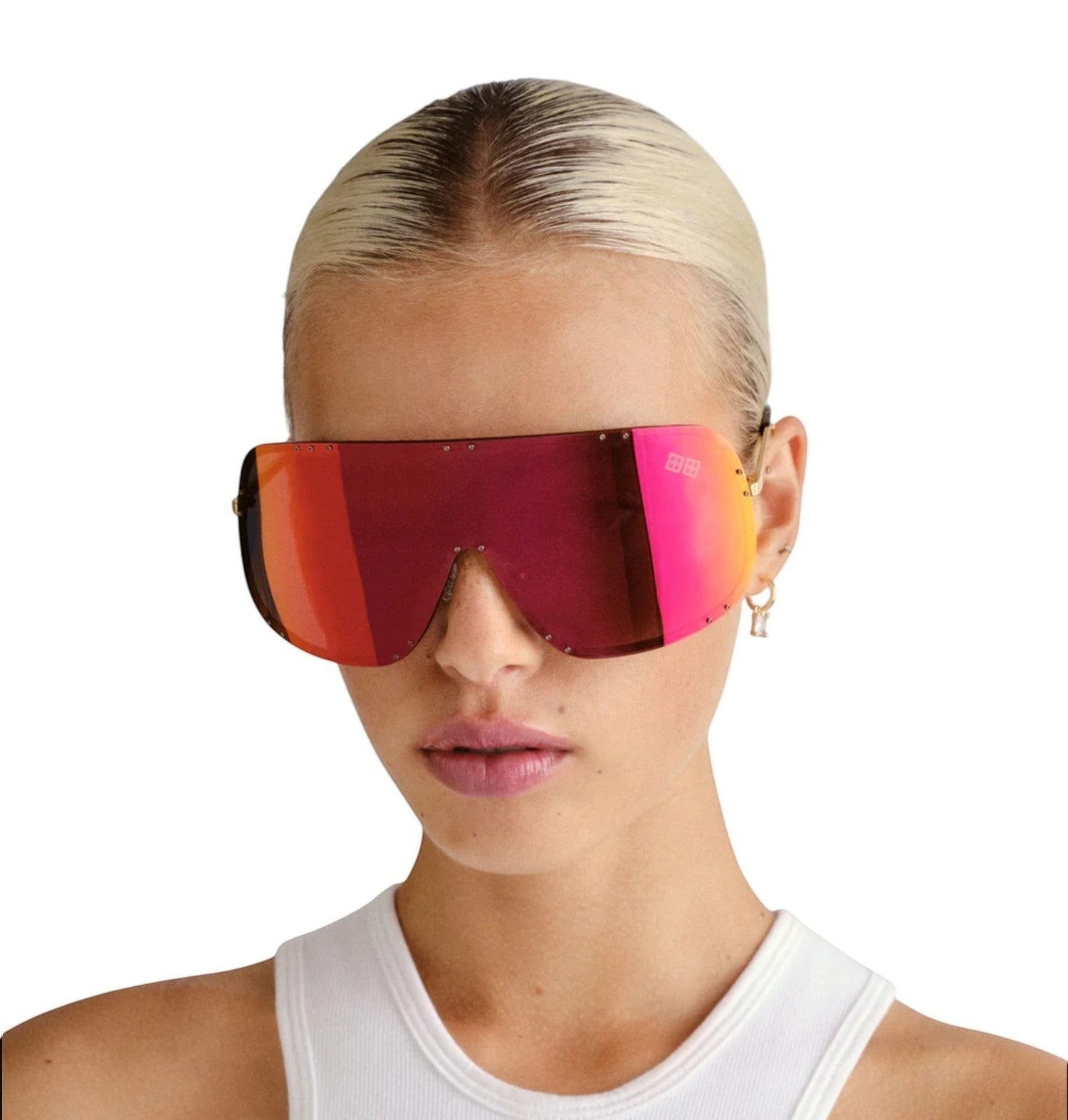 Naked Pear Ksubi Tyrell shield sunglasses with oversized pink and red mirror lenses on a model