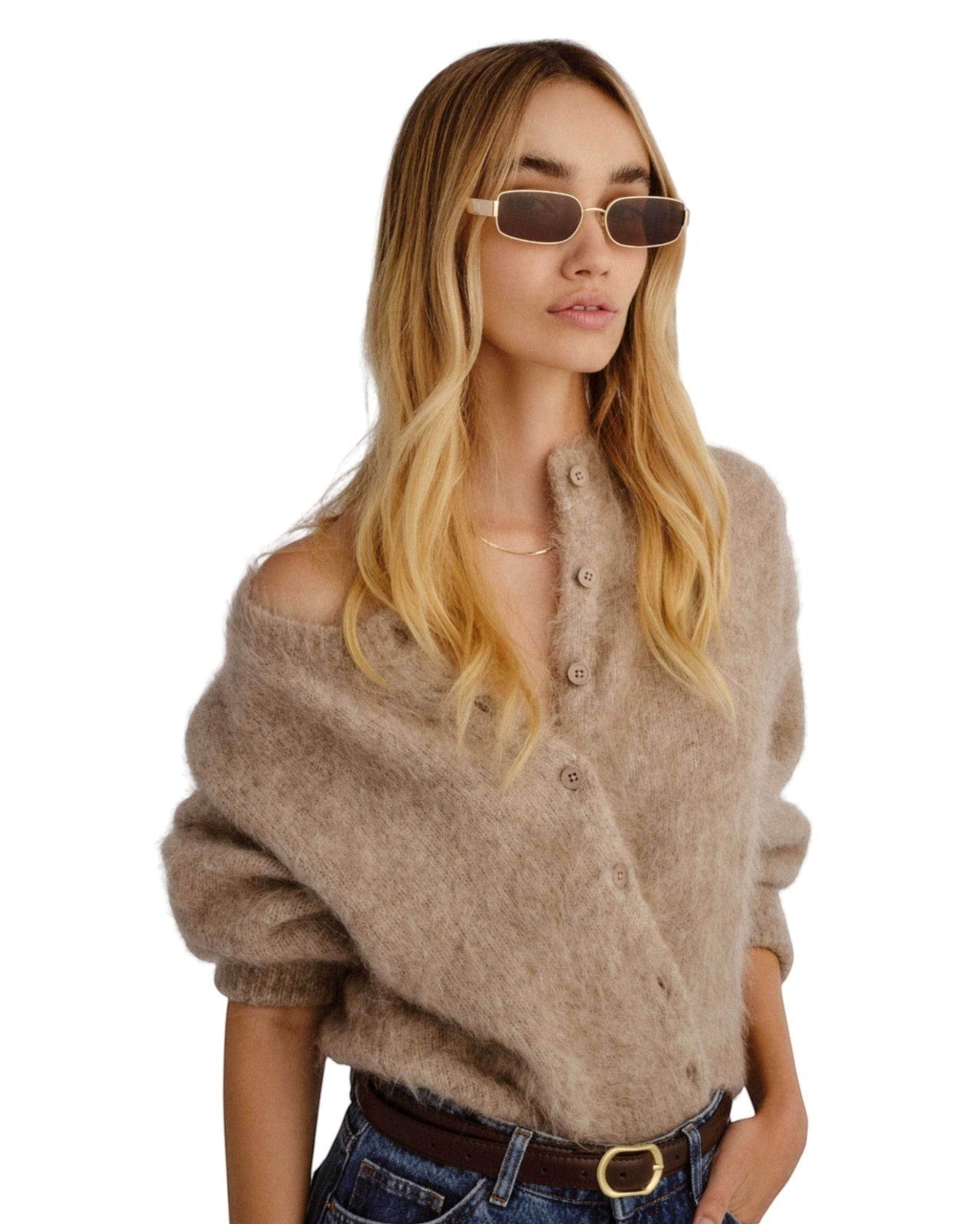 Naked Pear model wearing Luv Lou The Ryan rectangular gold metal sunglasses with brown polarised lenses