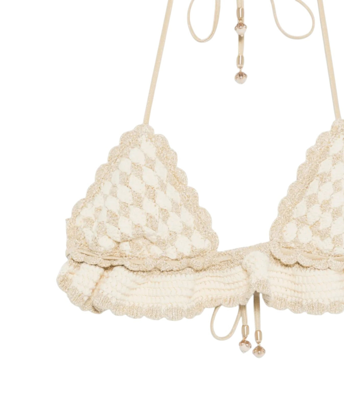 Zimmermann Wanderlust Crochet Tri Bikini |Hand-made, Metallic Gold/Cream, Ruffle