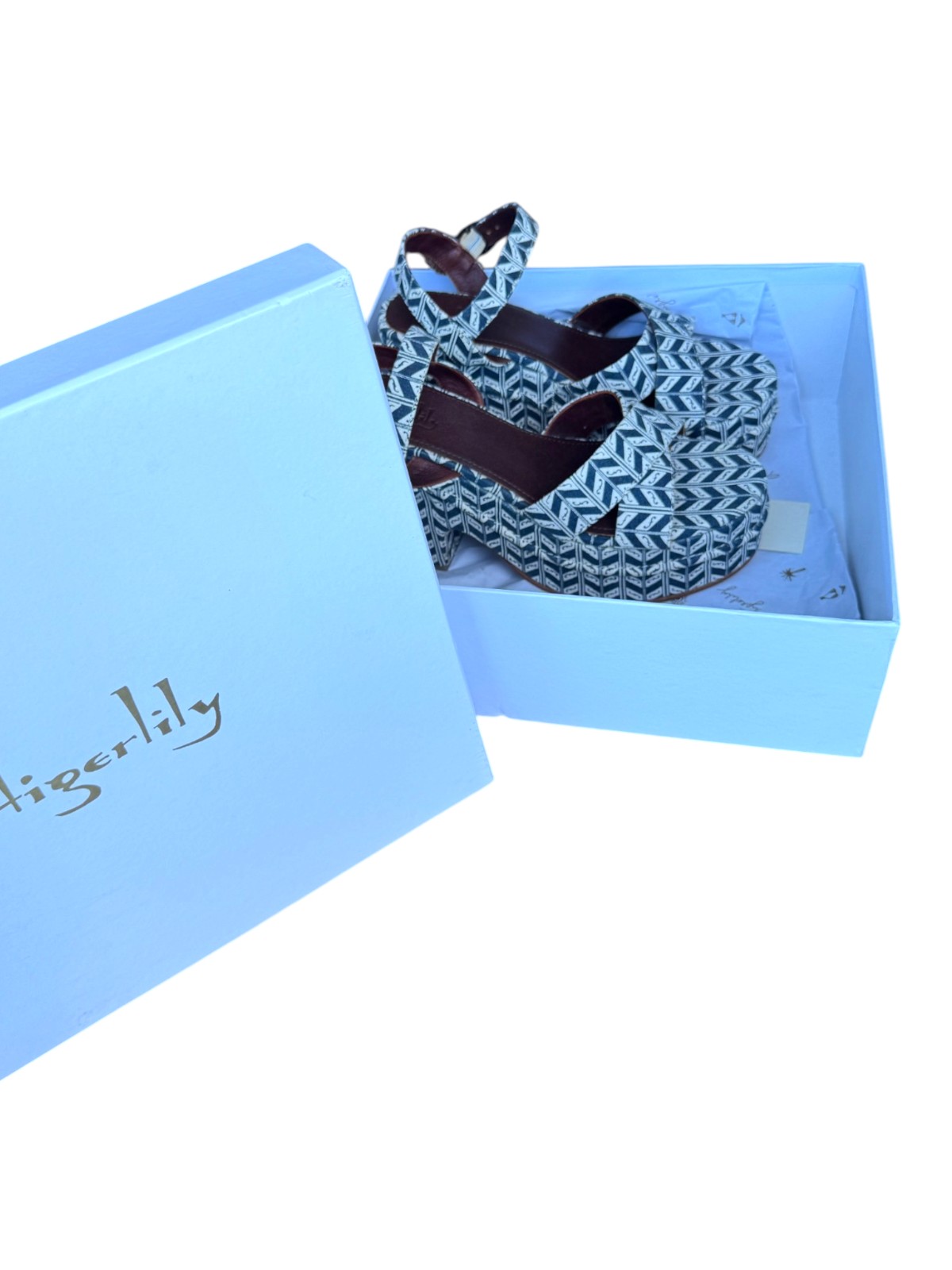 Tigerlily Kienna Violetta Platform Sandal | Sz 40, Blue & White, Print, Leather