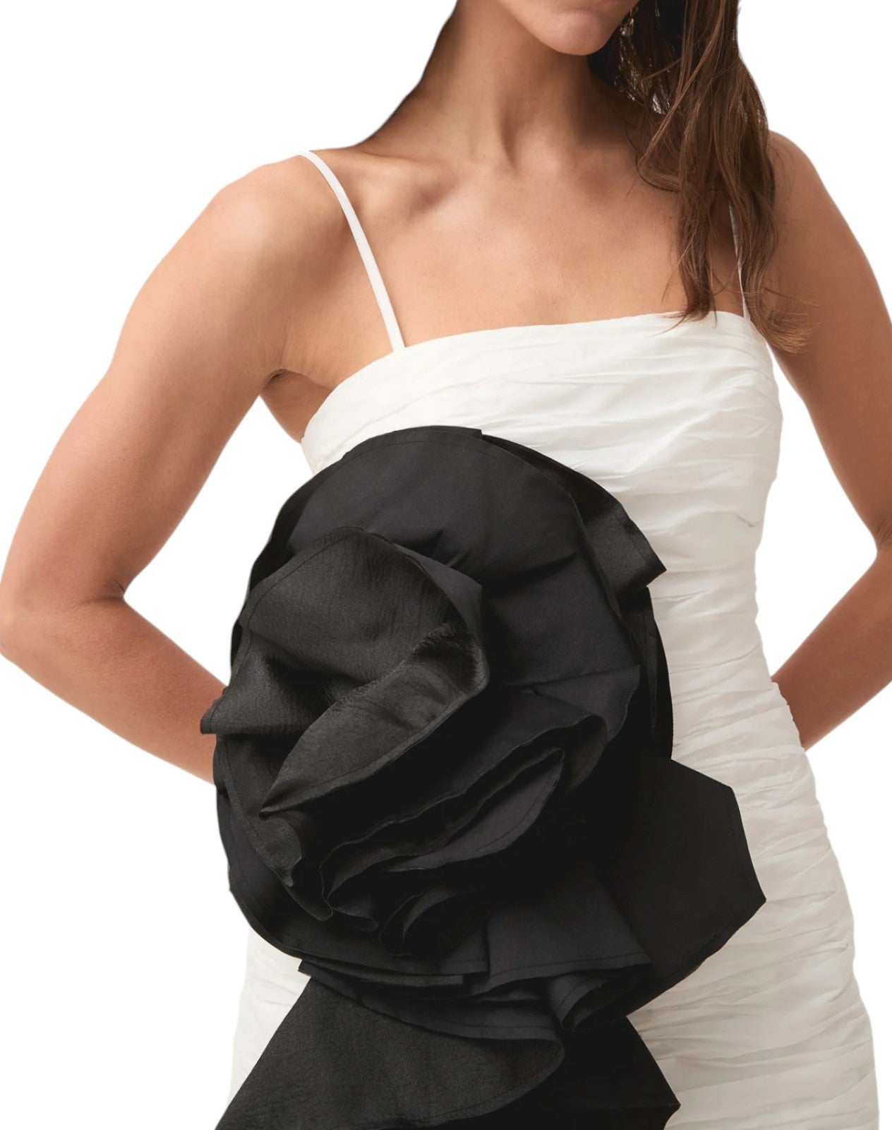 Aje Potion Spiral Mini dress |White/Black Large Flower, Ruched, Removable Straps