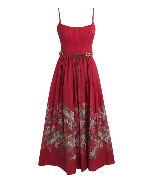 Zimmermann Rhiannon Corset Midi Dress | Red Paisley, Cotton, Belt