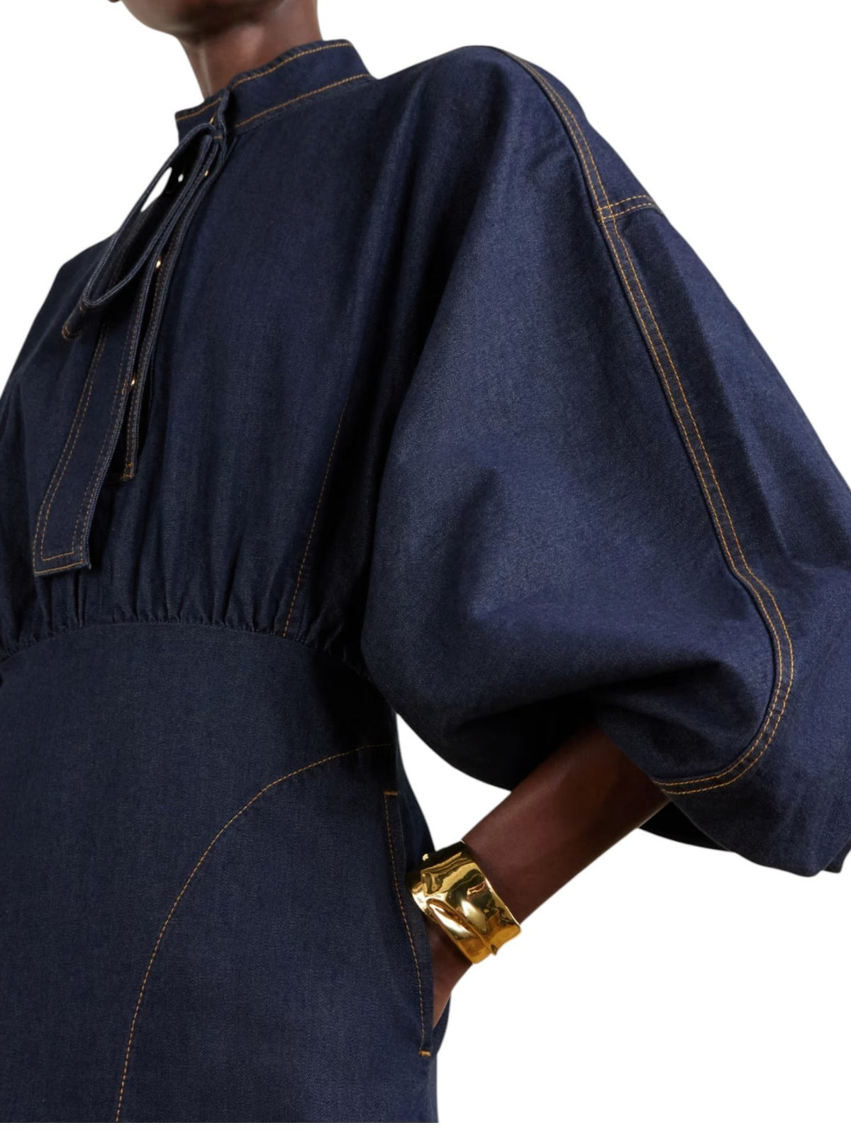 Zimmermann Denim Gathered Mini Dress| Dark Navy Blue, Puff Sleeves, Button Up