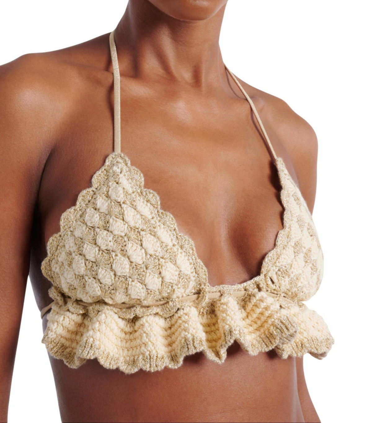 Zimmermann Wanderlust Crochet Tri Bikini |Hand-made, Metallic Gold/Cream, Ruffle