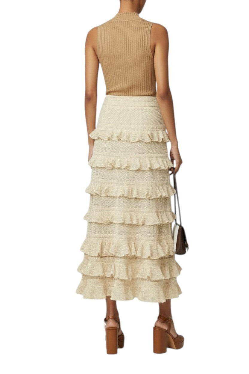 Zimmermann Hypnotic lace Midi Skirt | Midi, Metallic Gold, Tiered, Knit, Ruffle