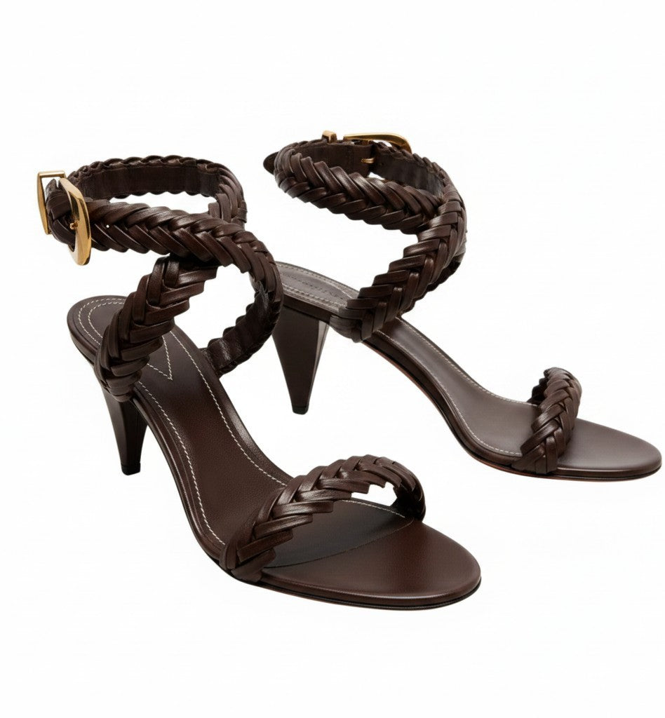 Zimmermann Helix Sandal 75 | Choc Brown,Leather, Braided, Stiletto, Ankle Strap